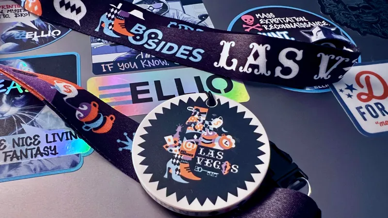 Collection of cybersecurity-themed stickers of ELLIO and lanyards featuring "LAS VEGAS" and "BSides Las Vegas"and various cybersecurity-related graphics and ELLIO logo on dark backgrounds