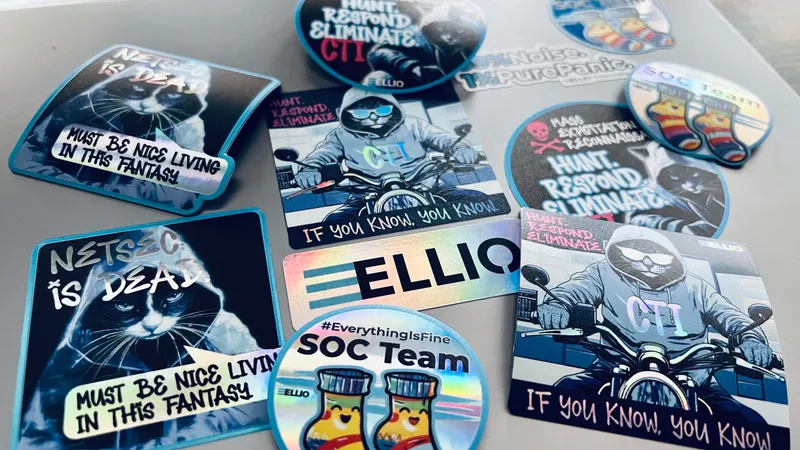 Cybresecurity-themed stickers with ELLIO logo and Jack Hunter containing text like SOC Teams, CTI, Network security, Mass Exploitation, Reconnaissance
