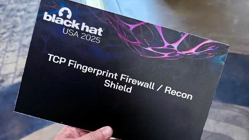 Black Hat USA 2025 conference card displaying "TCP Fingerprint Firewall / Recon Shield" by ELLIO and Ken Webster, with purple abstract design elements