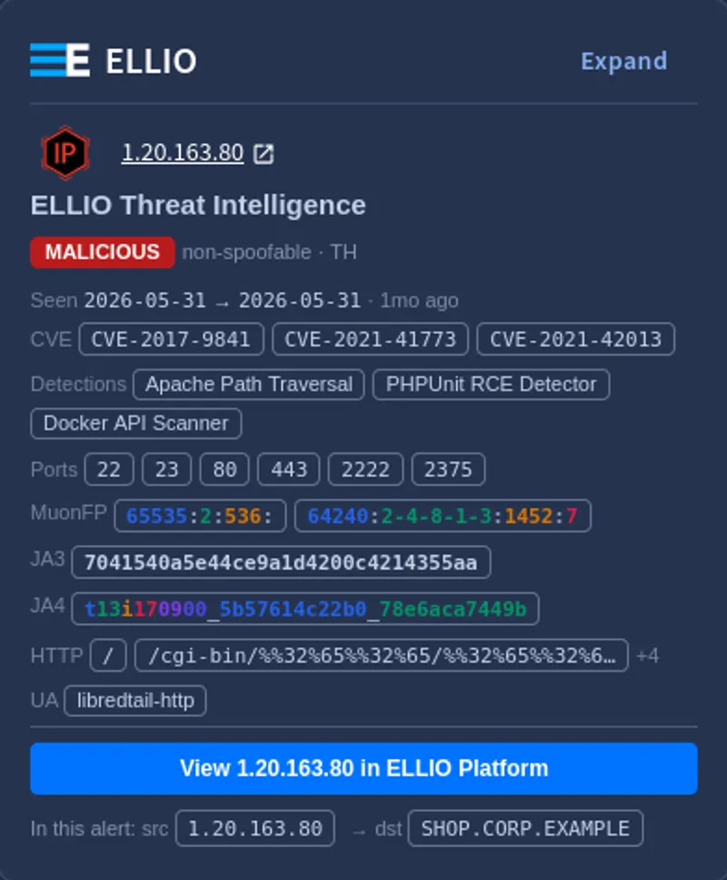 Image shows Google SecOps environmentwith IP intelligence provided by ELLIO Threat Intelligence
