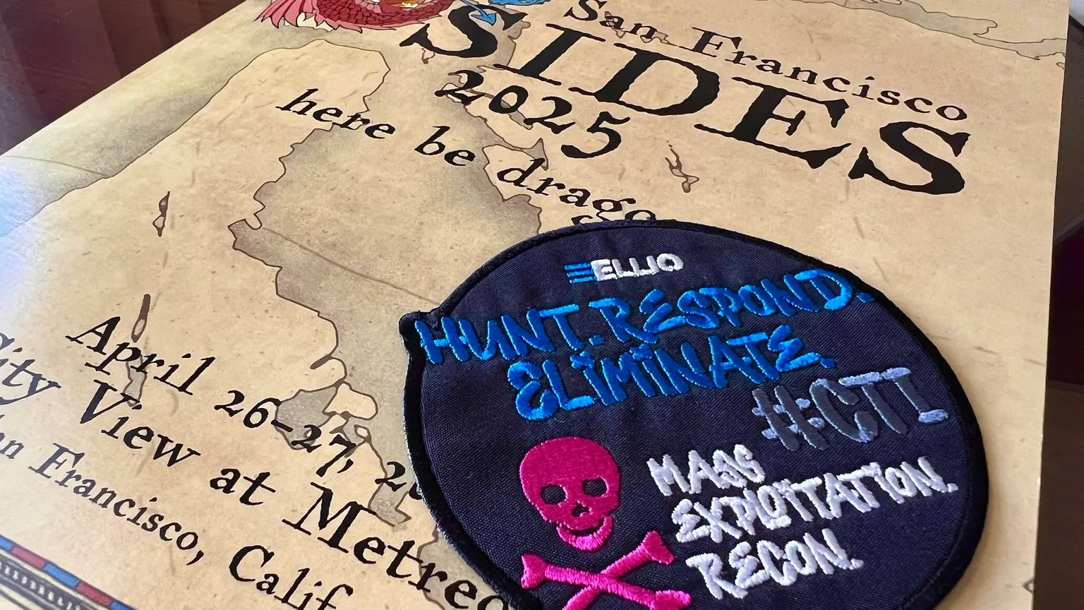 ELLIO patch on BSides Las Vegas containing text "Hunt. Respond. Eliminate Mass Exploitation and Recon, representing cybersecurity threat hunting operations