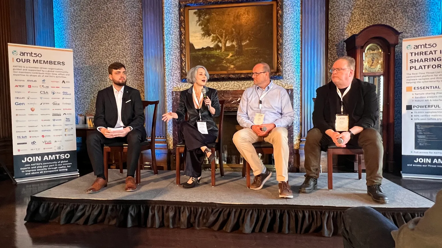 AMTSO Networking Reception during RSAC 2025 with  Eva Galperin (Director of Cybersecurity, Electronic Frontier Foundation), Jon Baker (Director and Co-Founder, Center for Threat-Informed Defense at MITRE), and Sam Curry (VP & CISO in Residence, Zscaler), and Vlad Iliushin, ELLIO CEO and President of AMTSO.