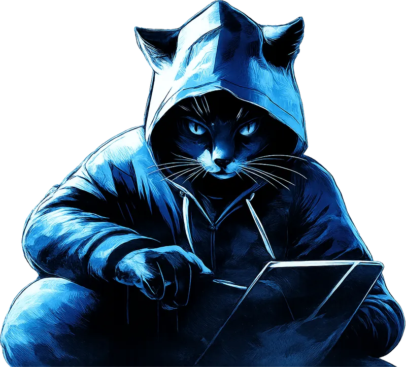 Stylized illustration of a cat in a blue hoodie using a laptop computer, representing a cybersecurity hacker or threat actor