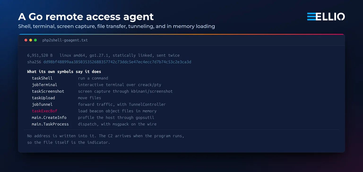 The Go remote access agent delivered through the upload route, read from its symbols.